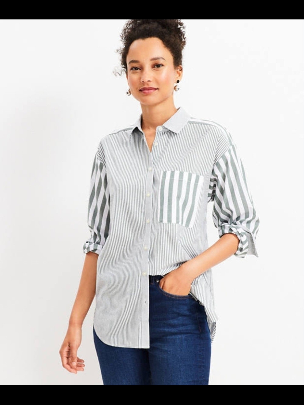 NWOT LOFT Oversized Green and White Everyday Striped Button-Down Shirt Medium
